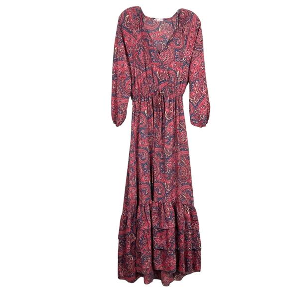 NWOT BOEMO Dress L Paisley Floral Pink Bow-Tassel Ruffl Tiered Balloon Maxi Midi
